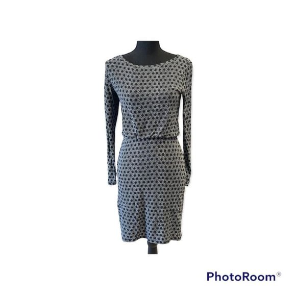 LOFT Dresses & Skirts - LOFT XS printed pencil dress long sleeve blouson top navy & white stretch lined